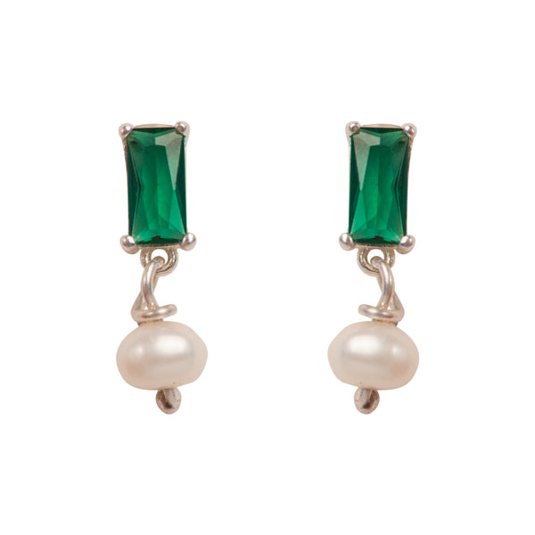 Simplicity Baguette Green Zircon Pearl Stud Earrings