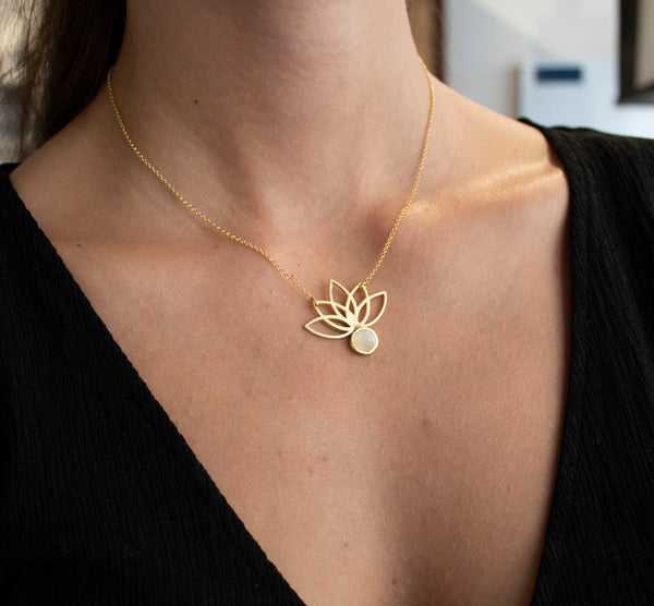 Lotus Big Flower Moonstone Gold-Plated Necklace