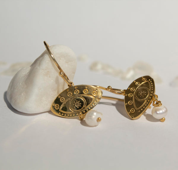 Fylaxto Evil Eye Gold-plated Bangle Earrings with Pearl Stone
