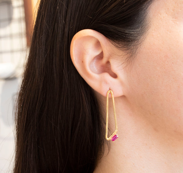 Simplicity Baguette Fucsia Zircon Triangle Stud Earrings