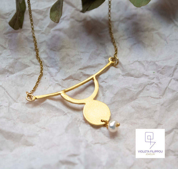 Cycladic Geometrical Necklace with Circle and Pearl