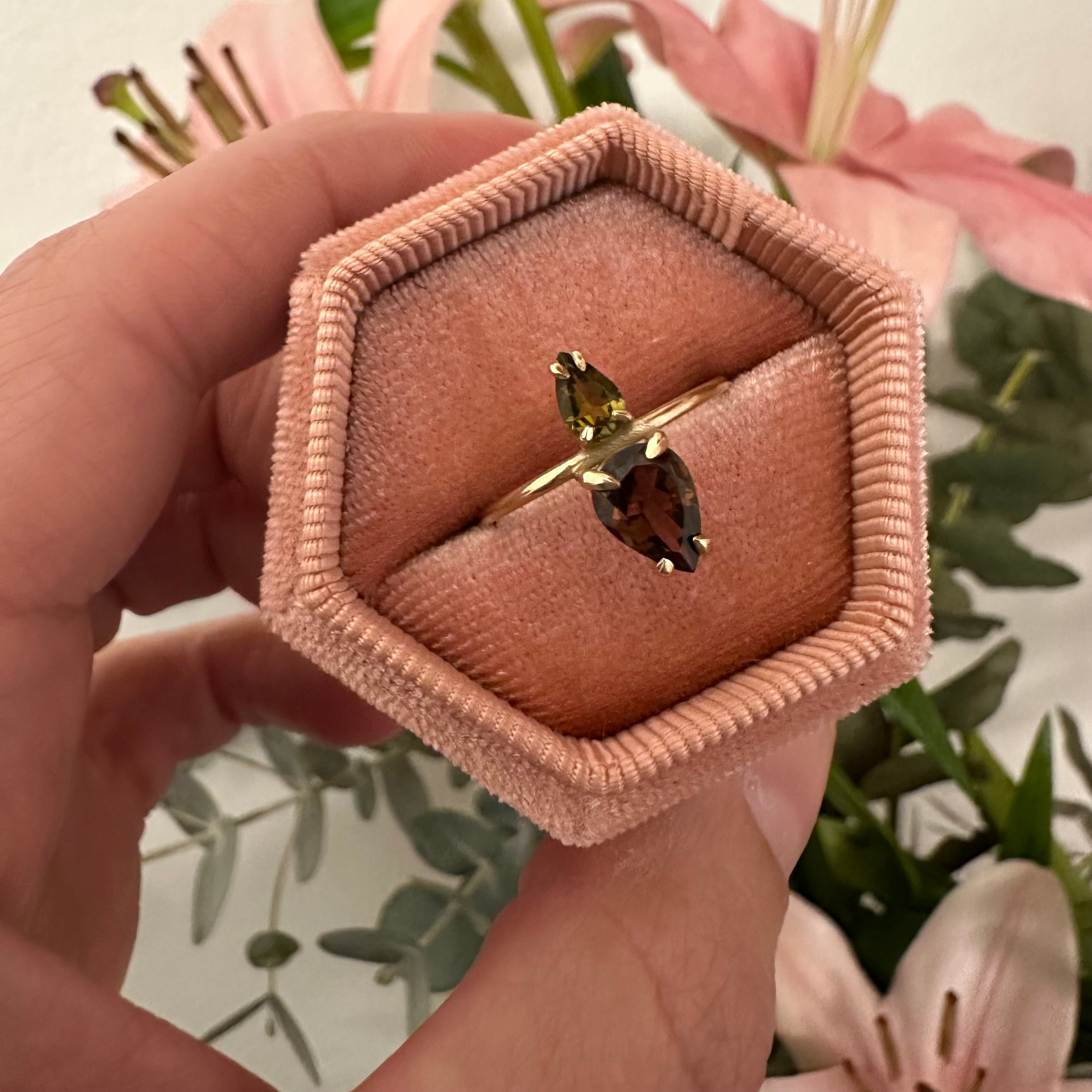 Joined Pear Green and Bordeaux Tourmalines Ring 9k Gold