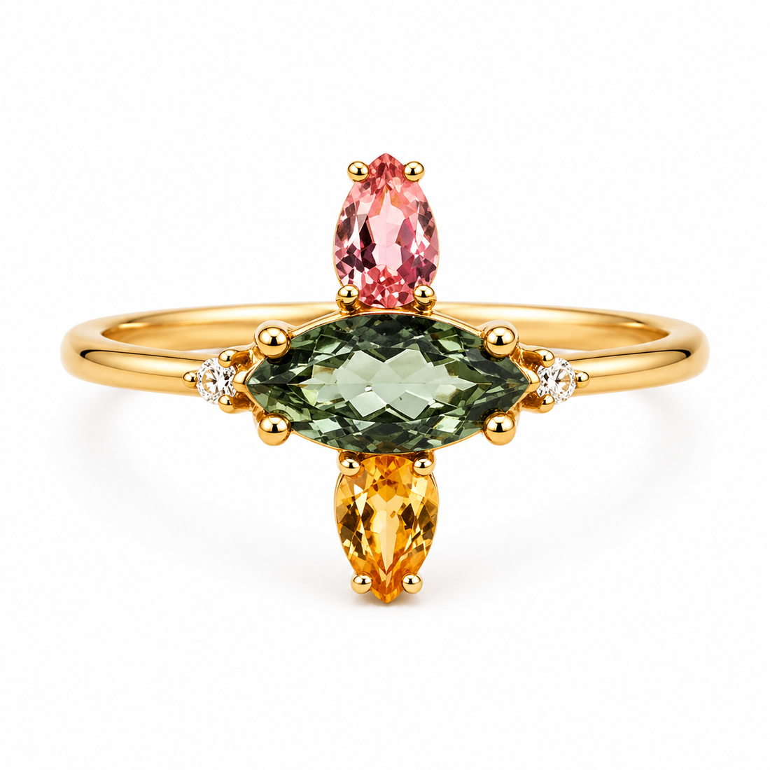 Gold ring with multicolored gemstones on a white background