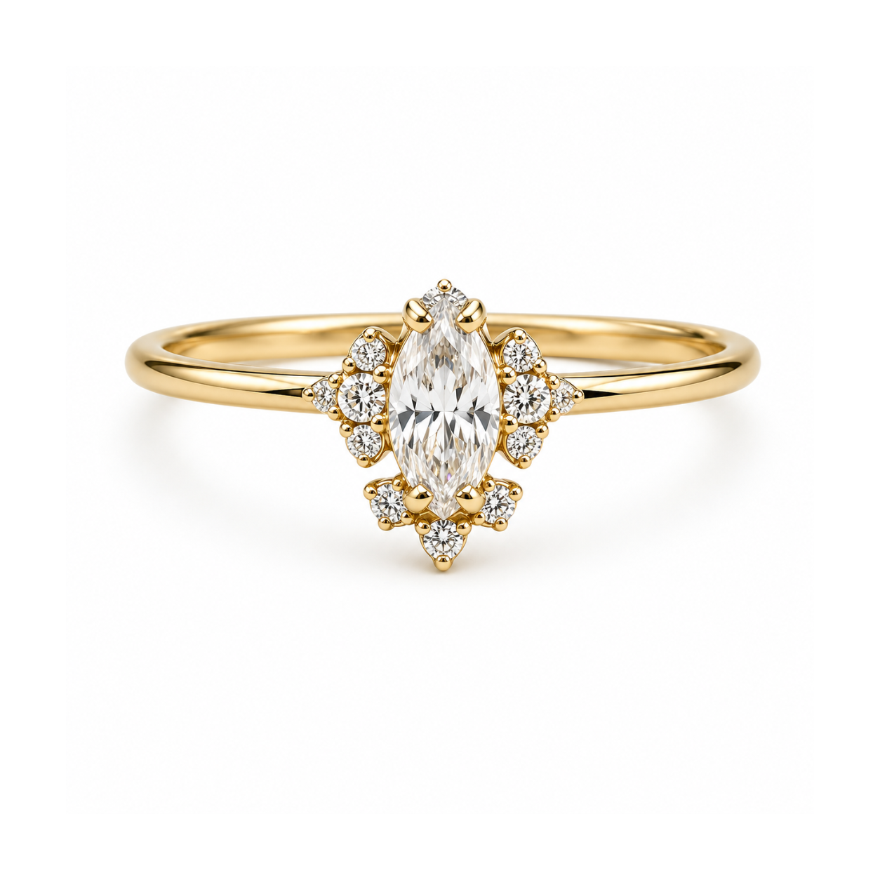 Gold ring with a marquise-shaped diamond on a white background