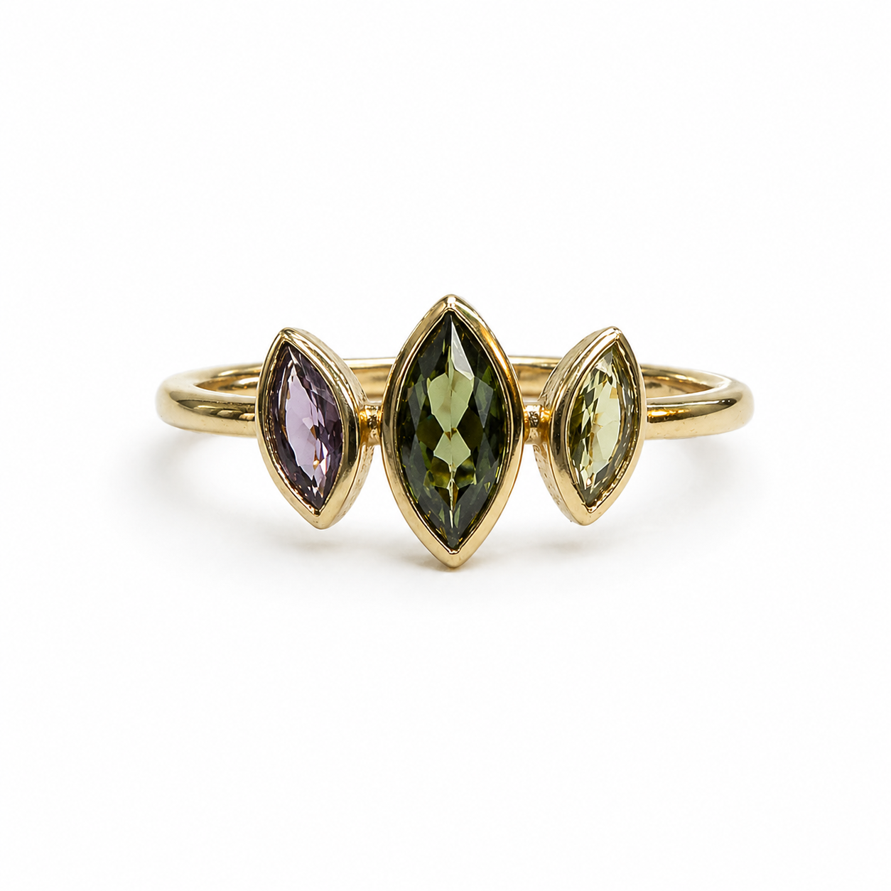 Triple Marquise Violet  Green Tourmaline Ring