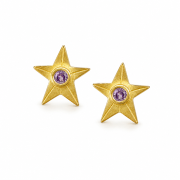 Celestial Star Stud Earrings with Purple Zircon