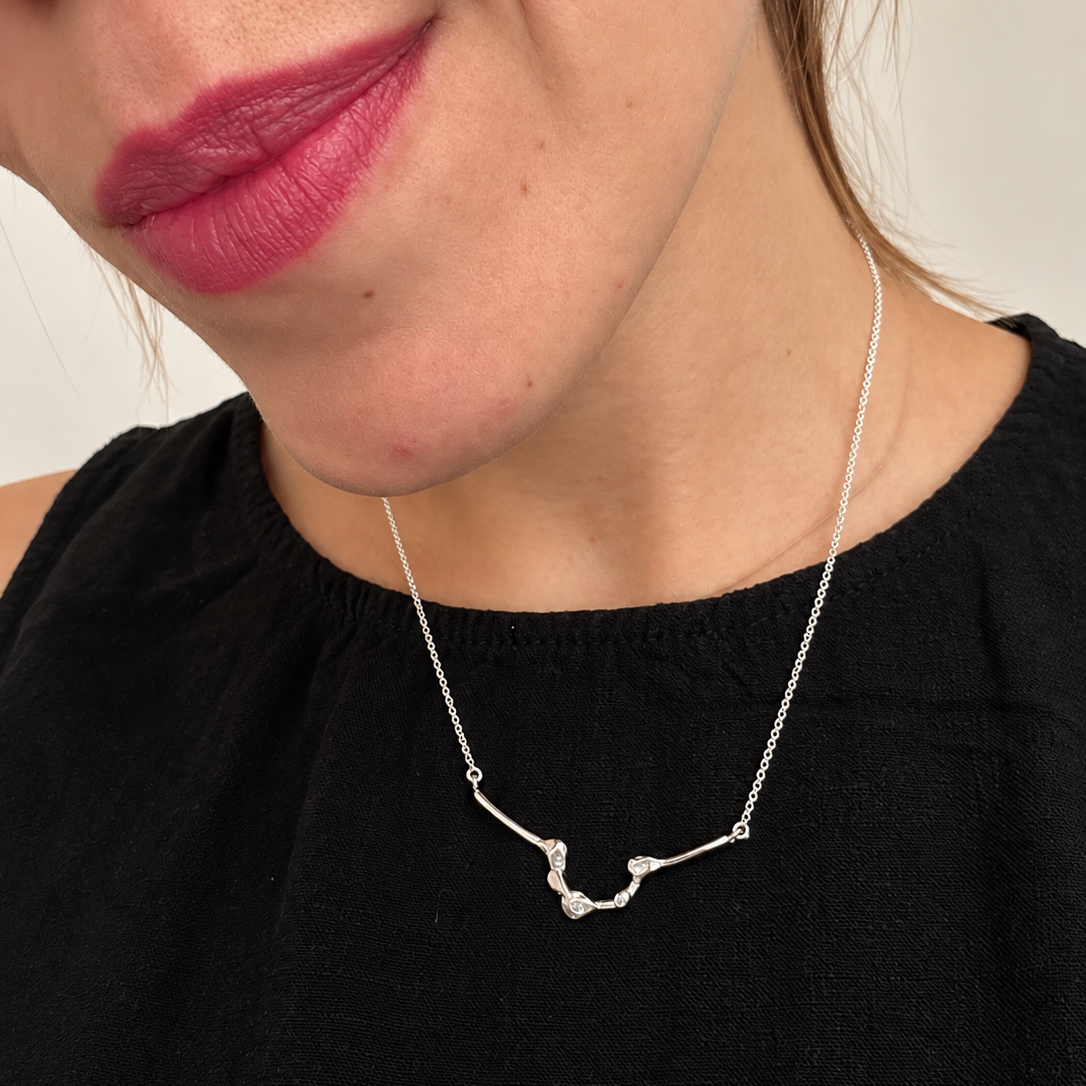 A close-up of a woman wearing a delicate silver necklace with a small pendant, paired with a black top and a neutral background.