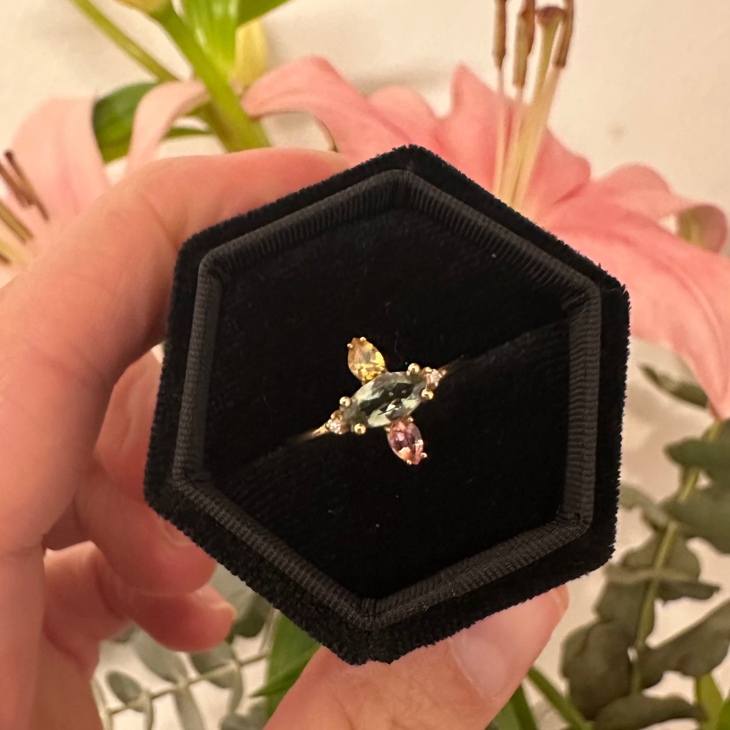 Colored Tourmalines and Diamonds Ring 9 karats Gold