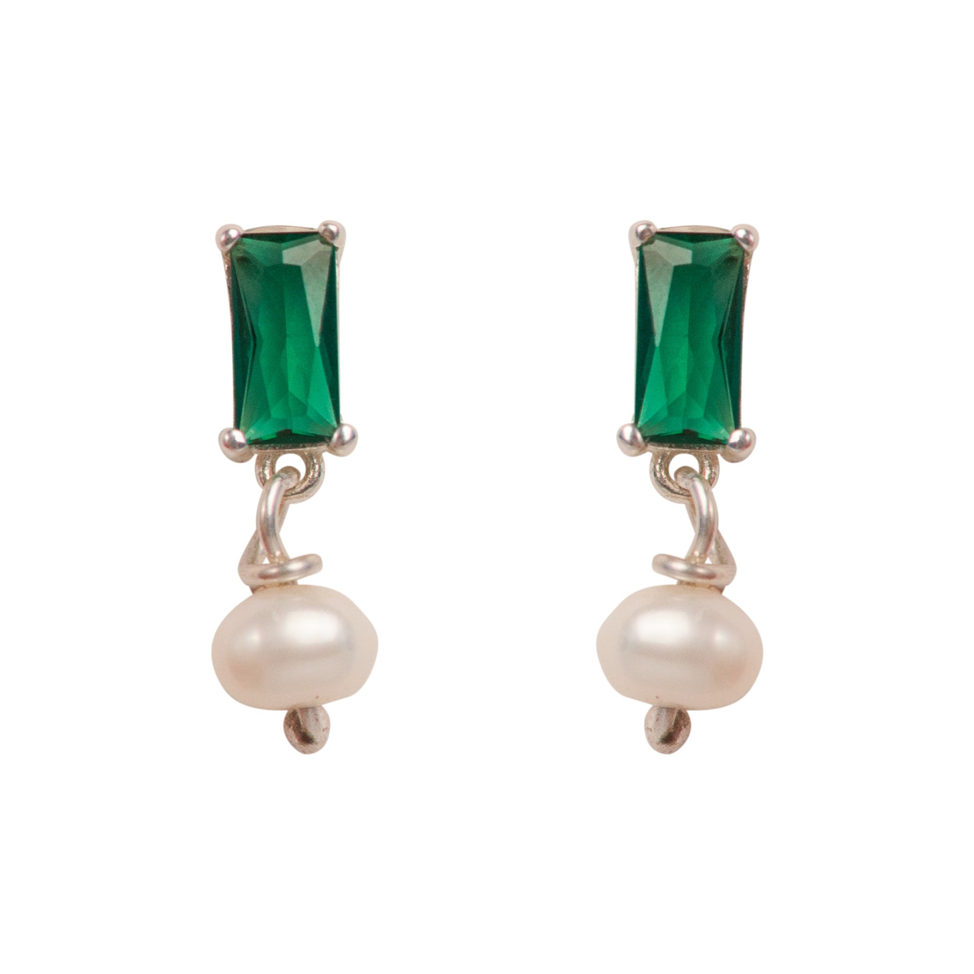 Simplicity Baguette Green Zircon Pearl Stud Earrings