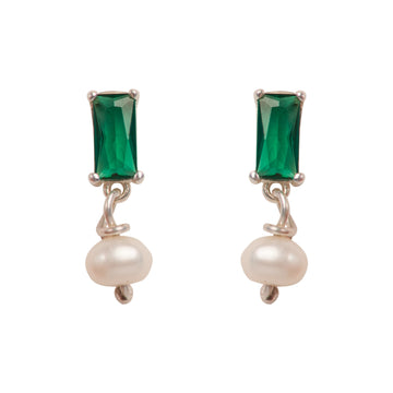 Simplicity Baguette Green Zircon Pearl Stud Earrings