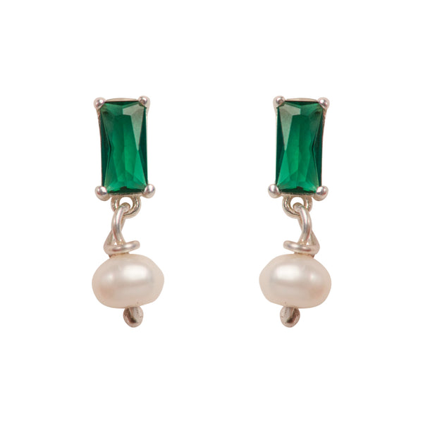 Simplicity Baguette Green Zircon Pearl Stud Earrings