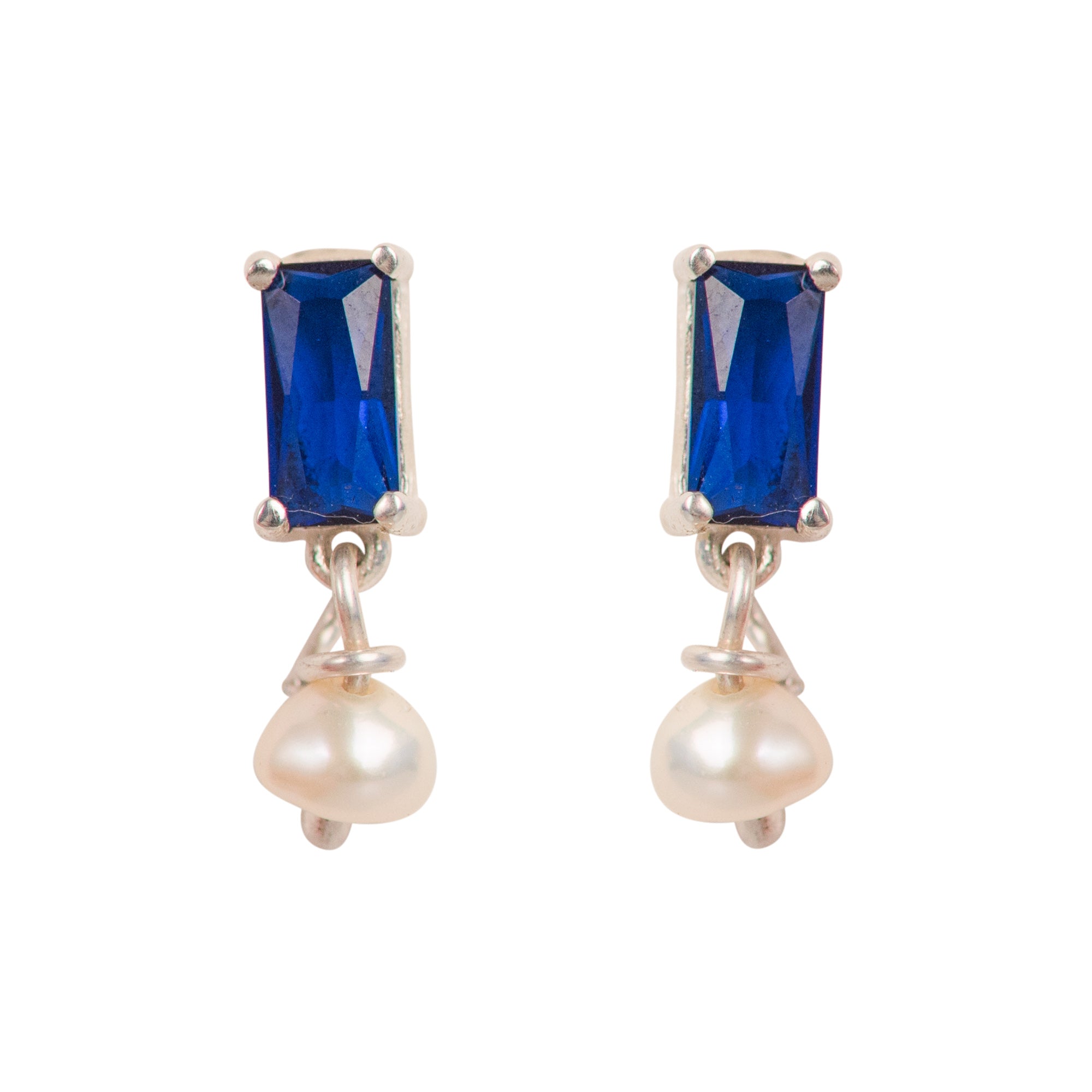 Simplicity Baguette Blue Zircon Pearl Stud Earrings