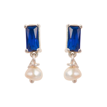 Simplicity Baguette Blue Zircon Pearl Stud Earrings