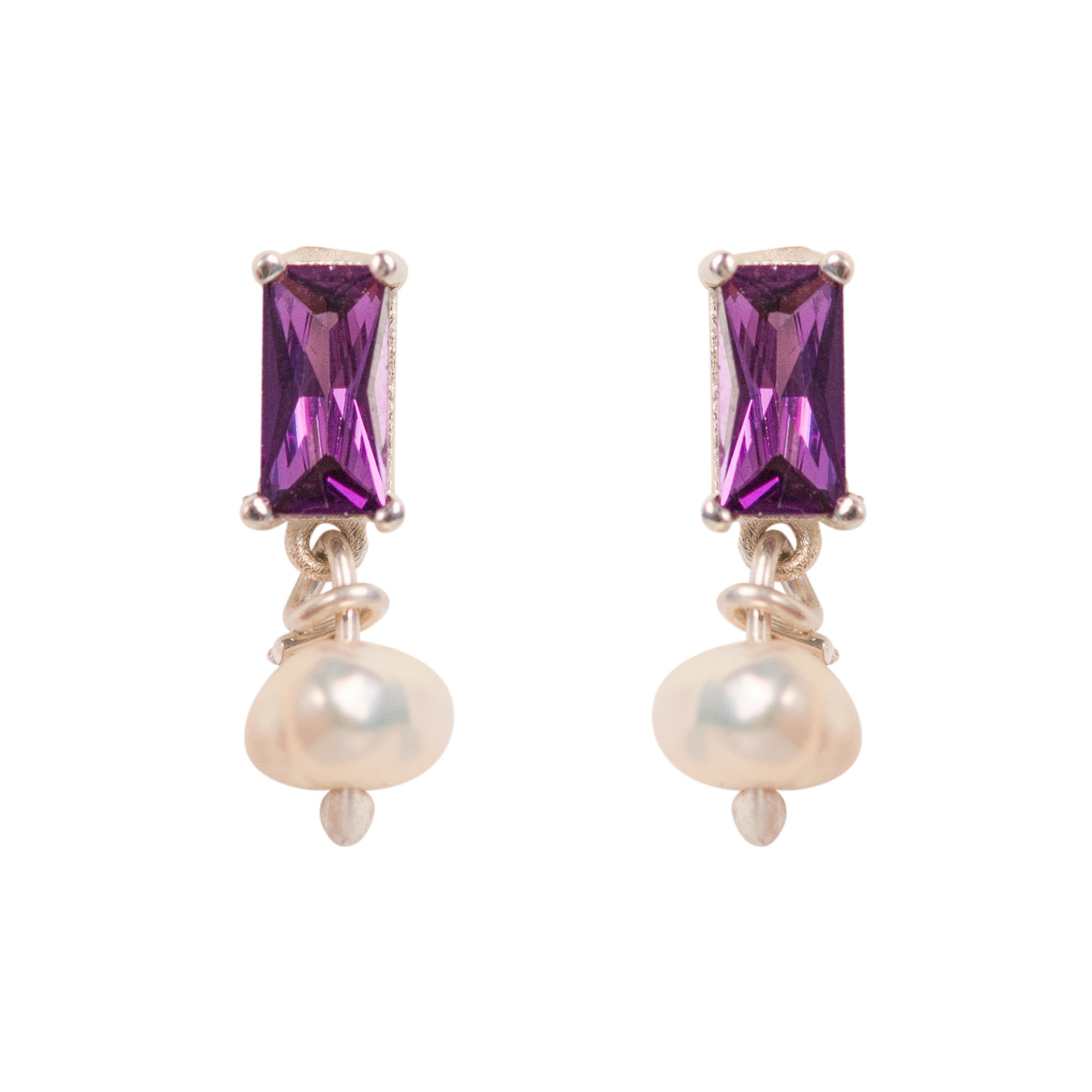 Simplicity Baguette Violet Zircon Pearl Stud Earrings