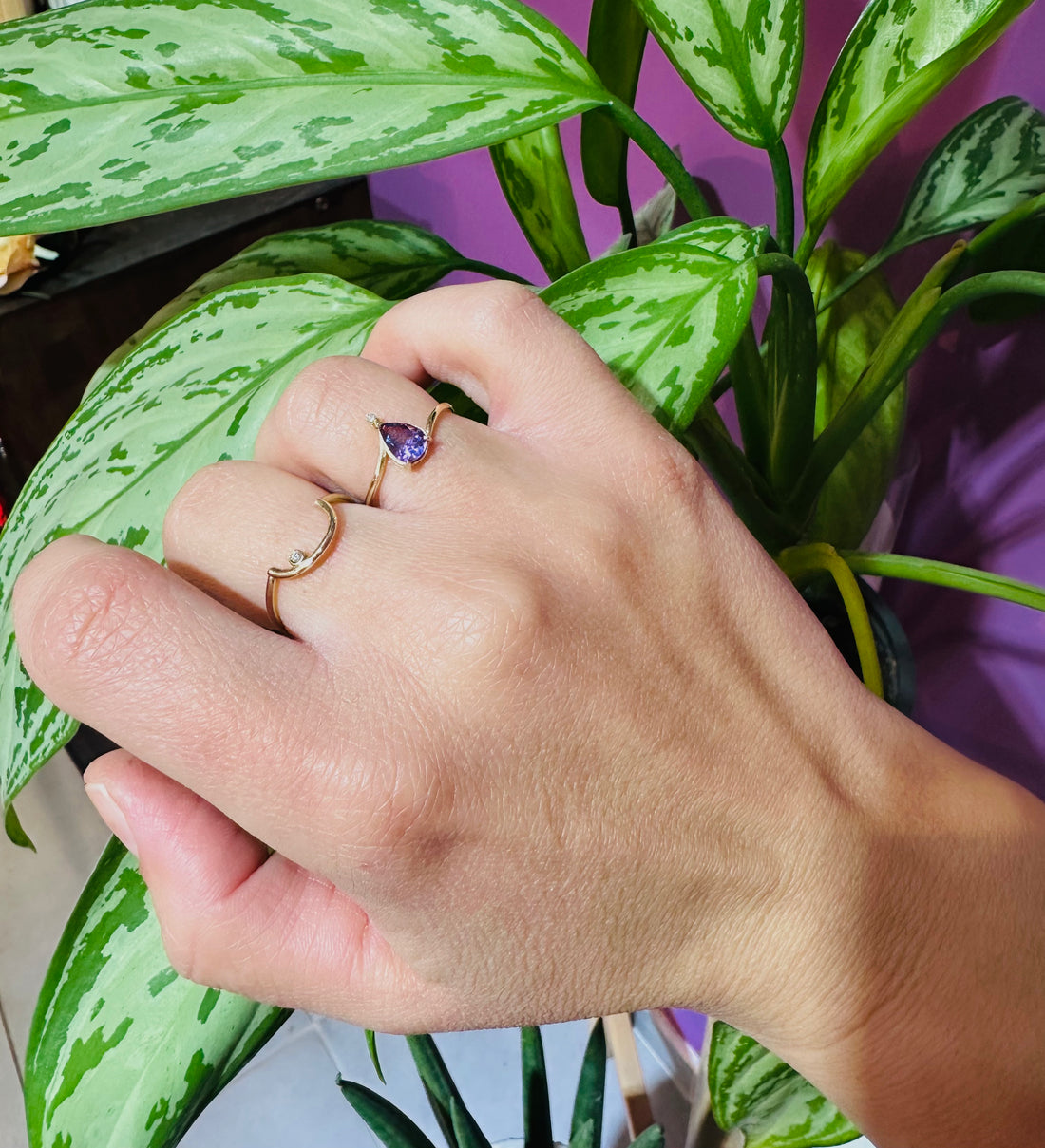 Pear Amethyst with Small Diamond Ring 9 karats Gold