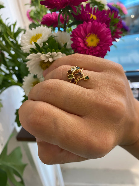 Joined Square Pink and Green Tourmaline  Ring 9 karats Gold