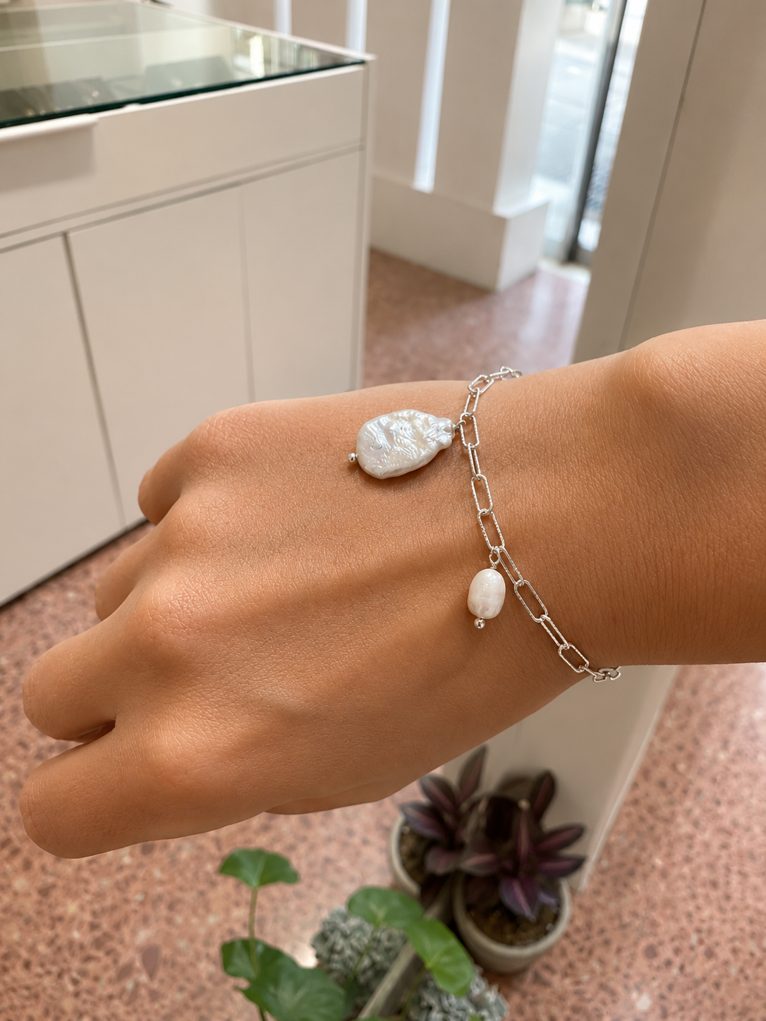 Organic Pearl Chain Bracelet with Oval Pearl Charm