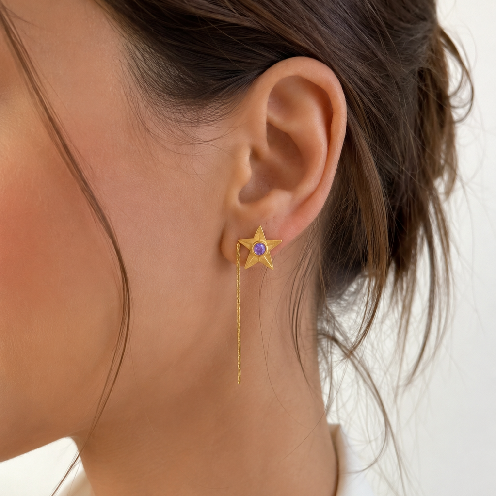 Celestial Star Stud Earrings with Purple Zircon