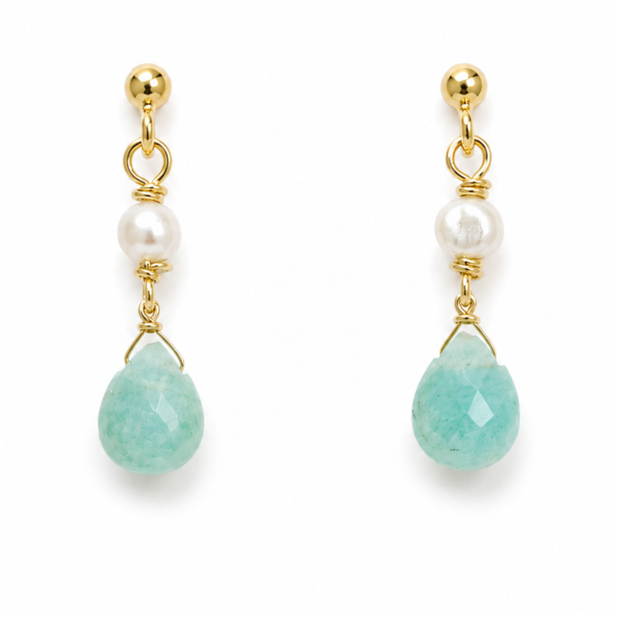 A pair of gold drop earrings featuring a white pearl, a faceted light green amazonite gemstone, and a small gold bead at the top, shown on a plain white background.