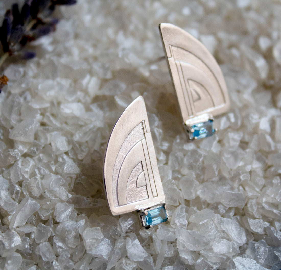 Art Deco Topaz Engraved Geometric Stud Earrings