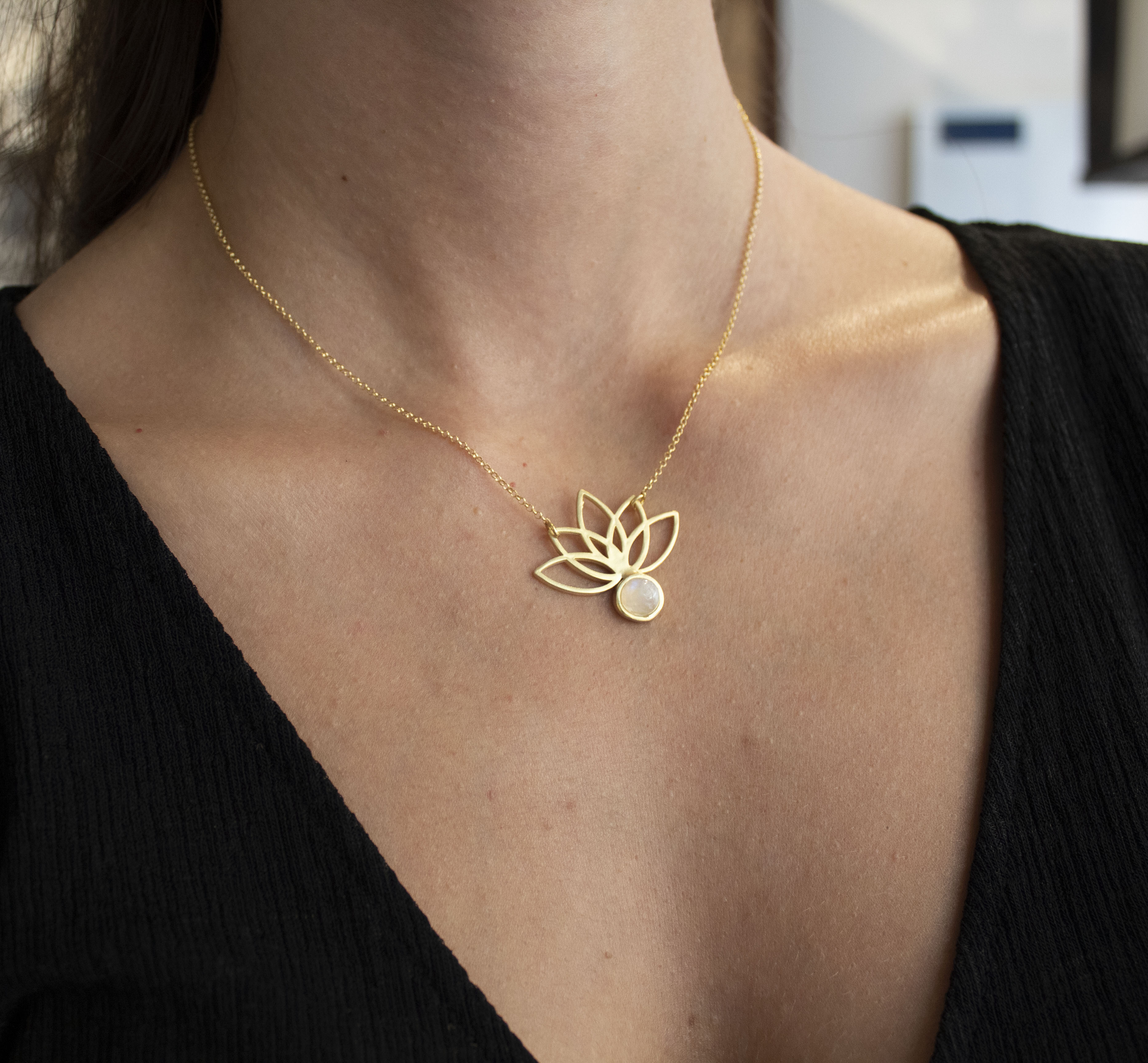 Lotus Big Flower Moonstone Gold-Plated Necklace