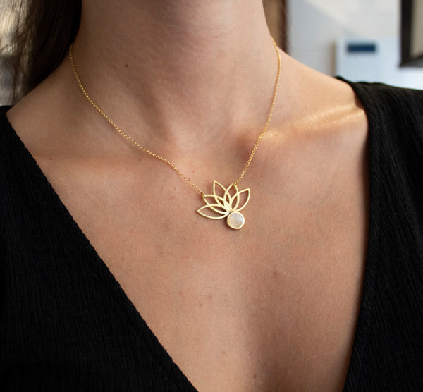 Lotus Big Flower Pink Quartz Stone Gold-Plated Necklace