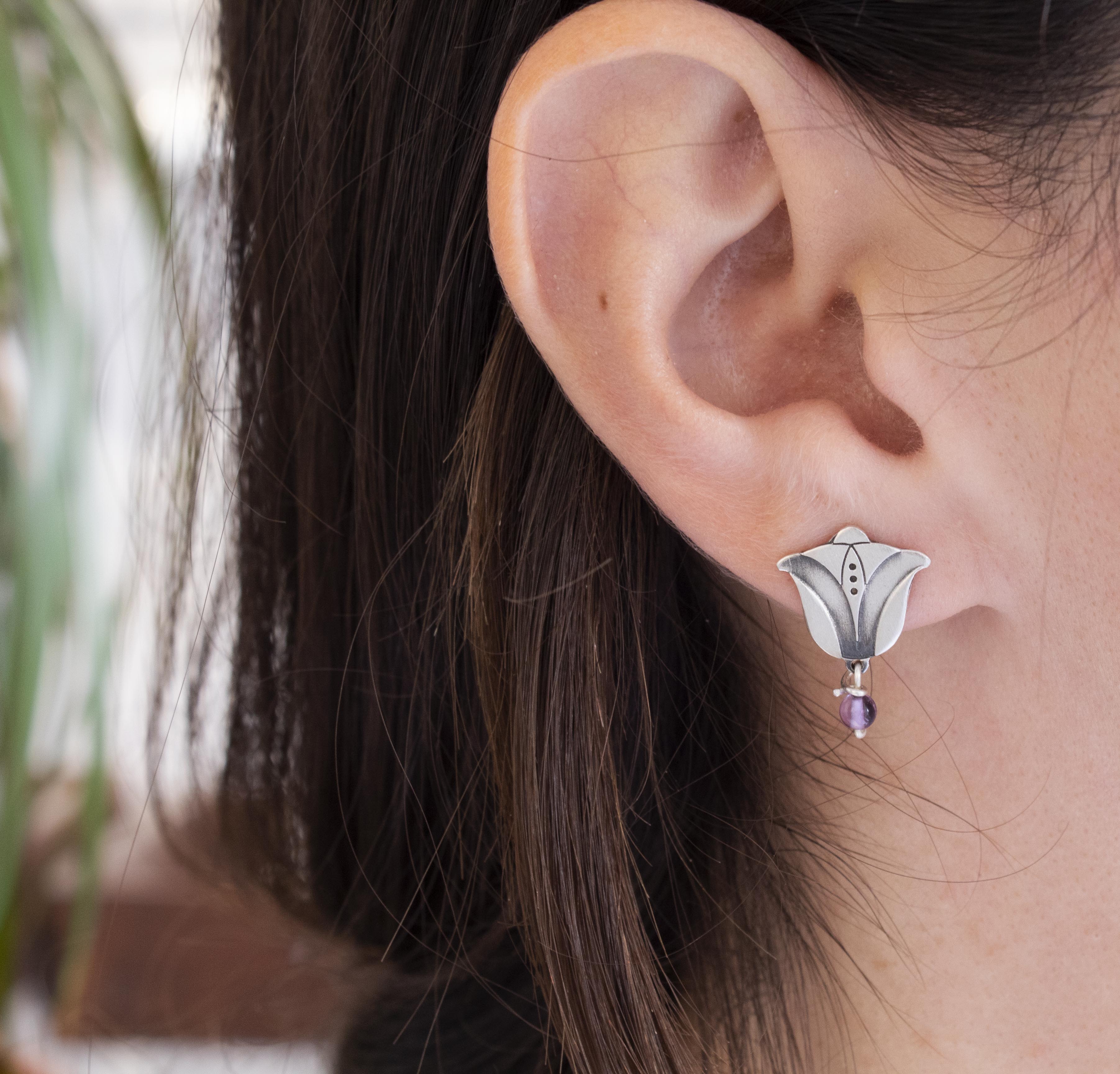 Flowers Small Tulip With Amethyst Stud Earrings
