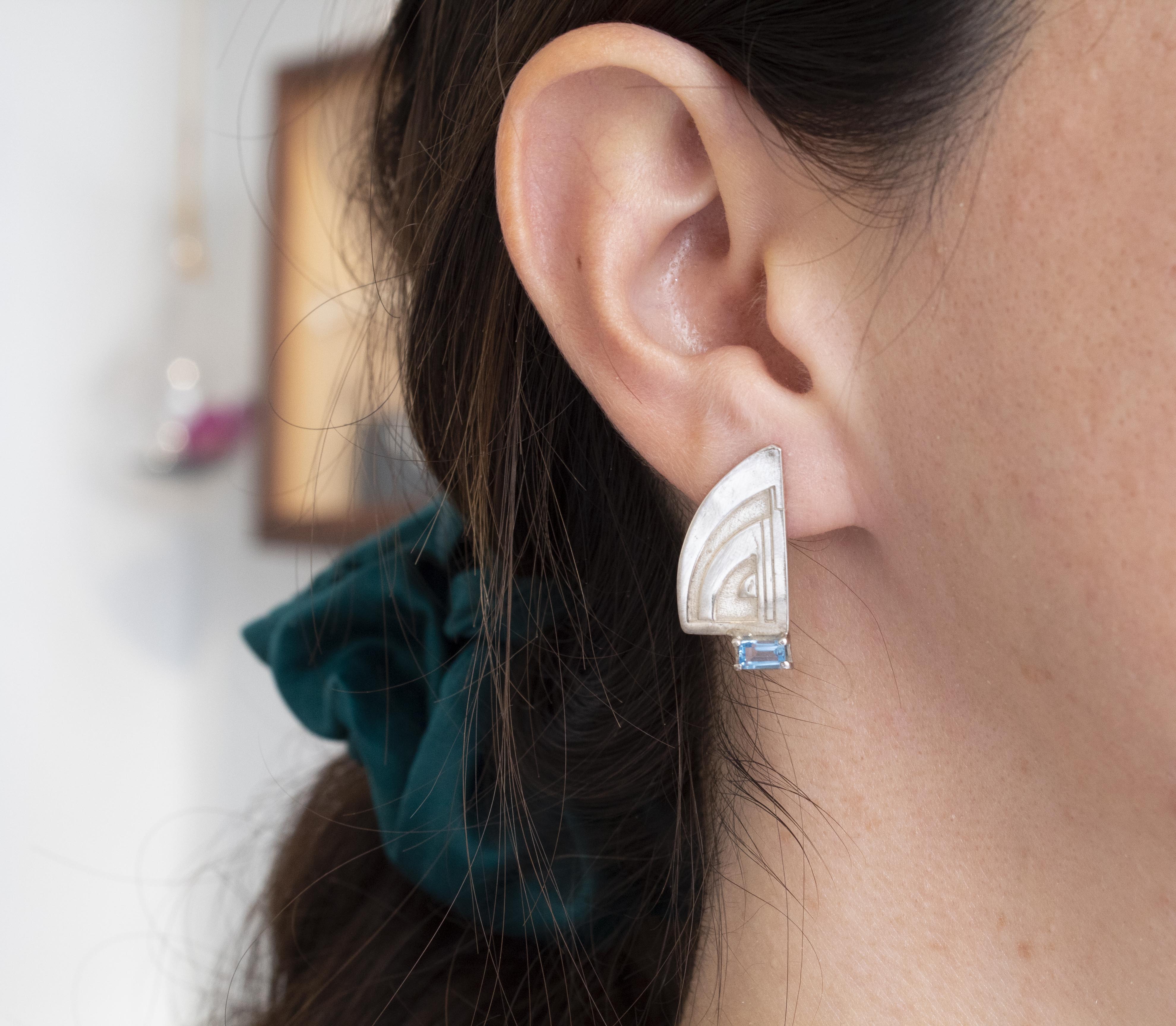 Art Deco Topaz Engraved Geometric Stud Earrings