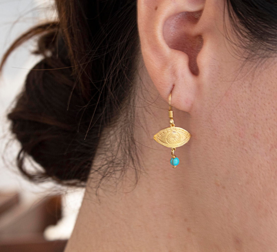 Fylaxto Evil Eye Gold-plated Bangle Earrings with Turquoise Stone
