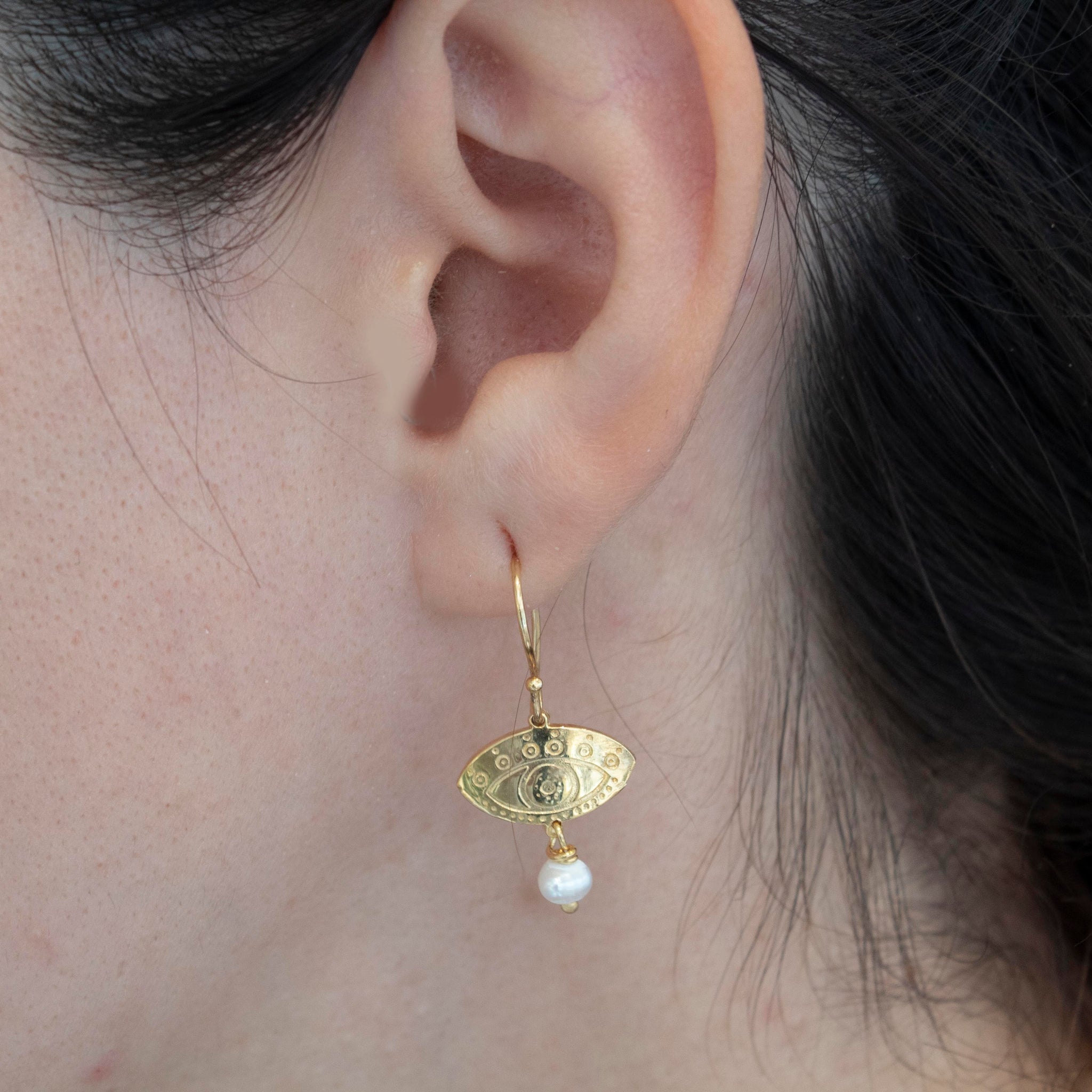 Fylaxto Evil Eye Gold-plated Bangle Earrings with Pearl Stone