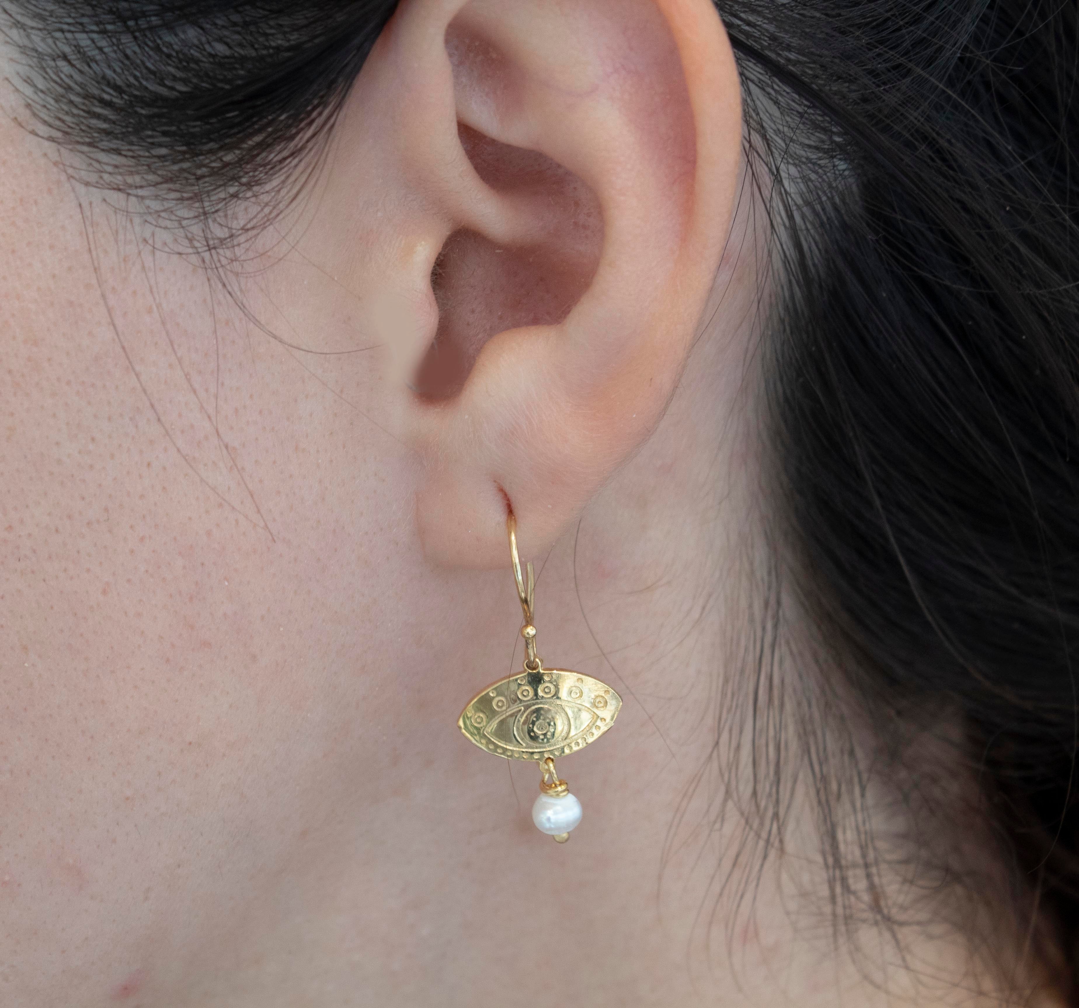 Fylaxto Evil Eye Gold-plated Bangle Earrings with Pearl Stone