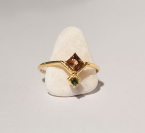 Joined Square Pink and Green Tourmaline  Ring 9 karats Gold
