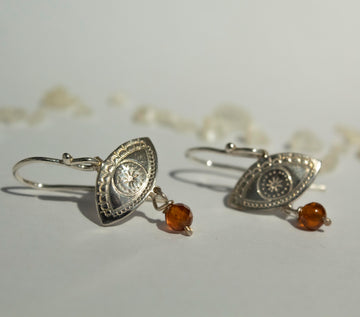 Fylaxto Evil Eye Silver Bangle Earrings with Carneol Stone