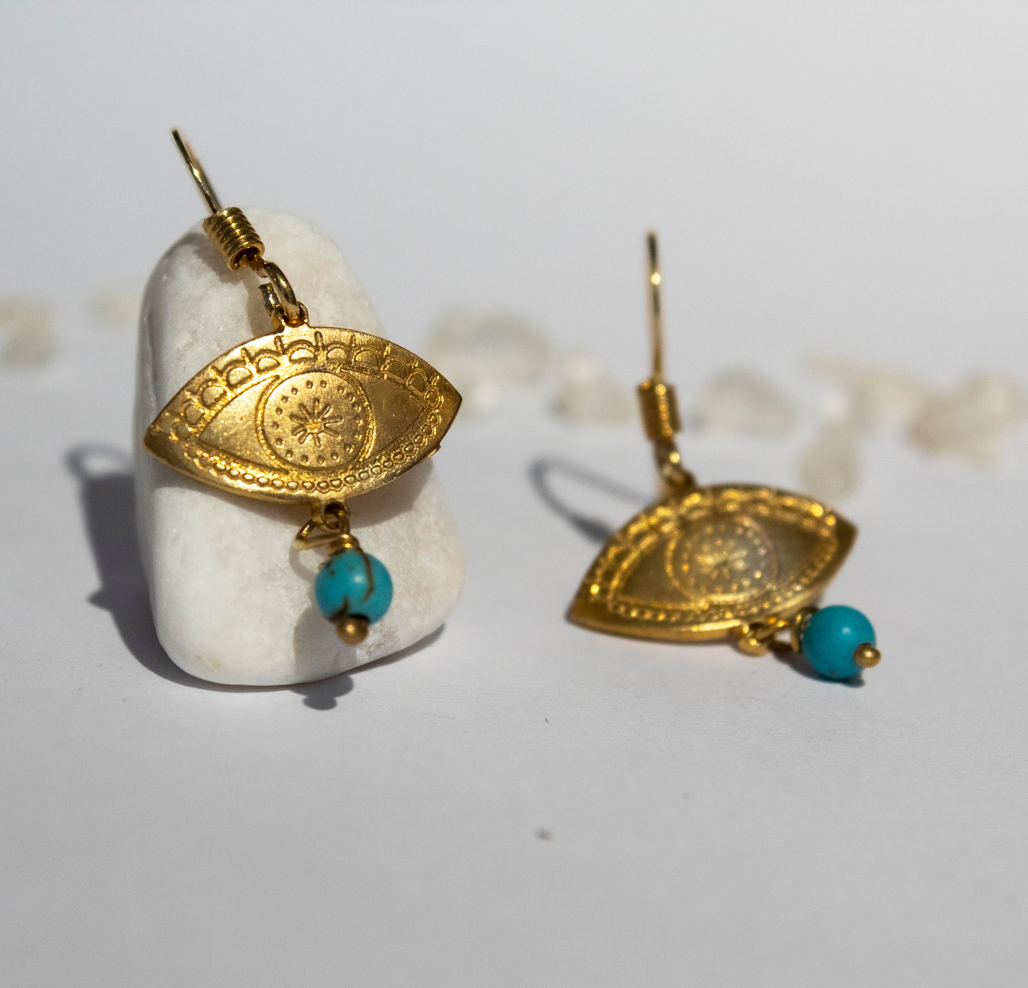 Fylaxto Evil Eye Gold-plated Bangle Earrings with Turquoise Stone