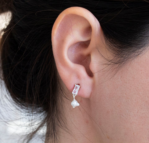 Simplicity Baguette White Zircon Pearl Stud Earrings