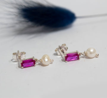 Simplicity Baguette Fucsia Zircon Pearl Stud Earrings