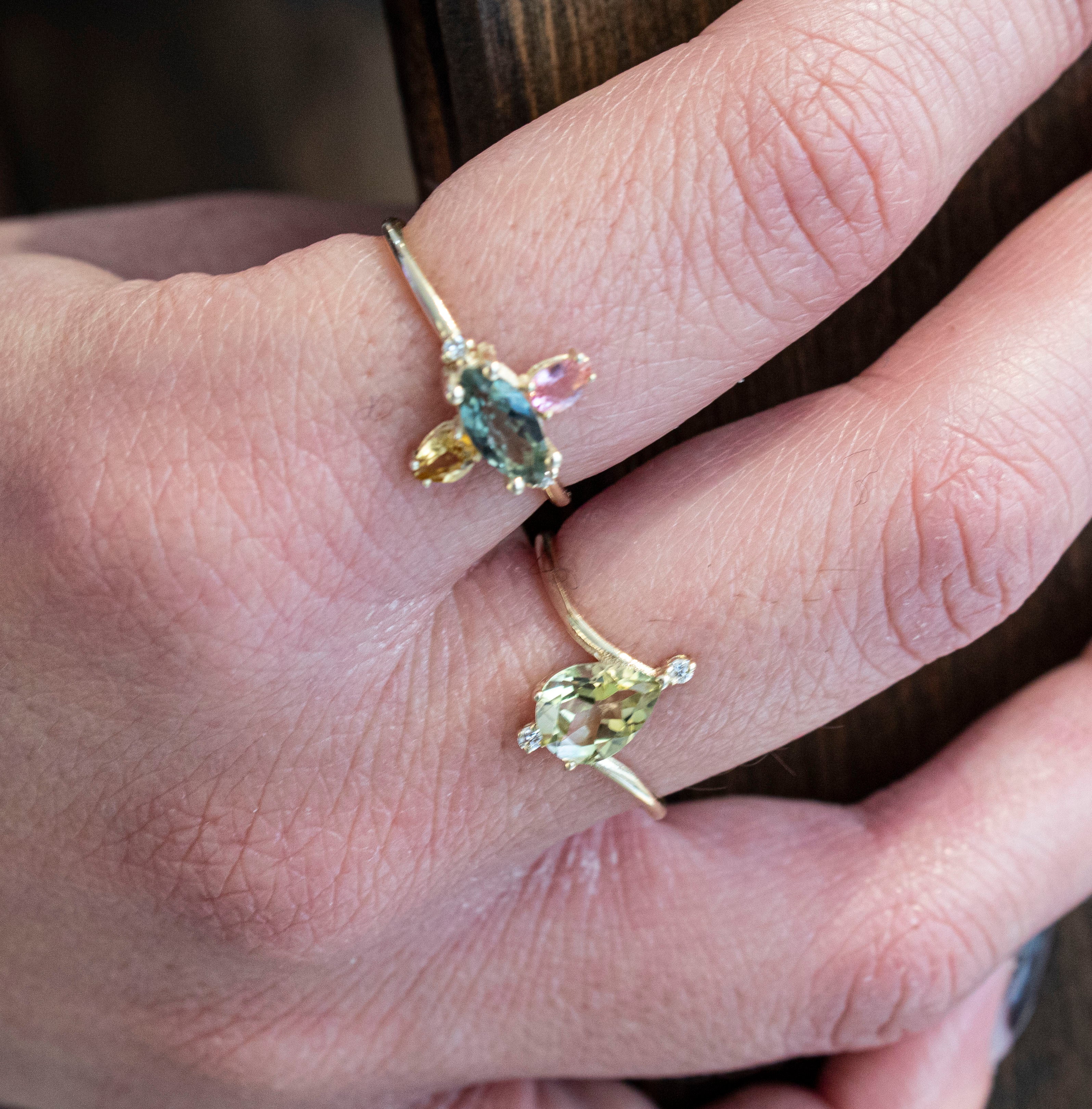 Pear  Green Tourmaline with Small Diamonds Ring 9 karats Gold