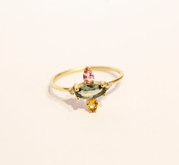 Colored Tourmalines and Diamonds Ring 9 karats Gold