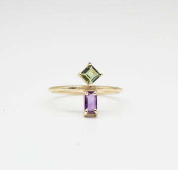 Joined Square Green and Baguette Amethyst Ring 9 karats Gold