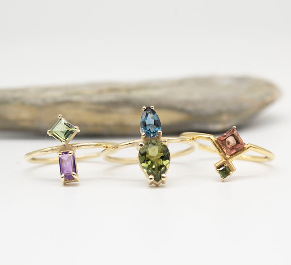 Joined Square Green and Baguette Amethyst Ring 9 karats Gold