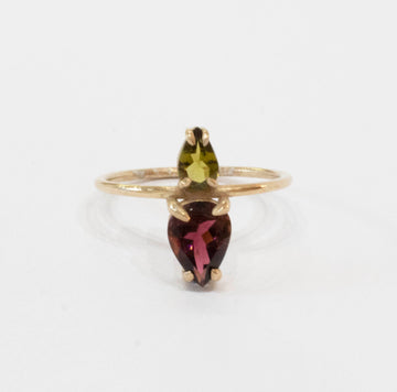 Joined Pear Green and Bordeaux Tourmalines Ring 9k Gold