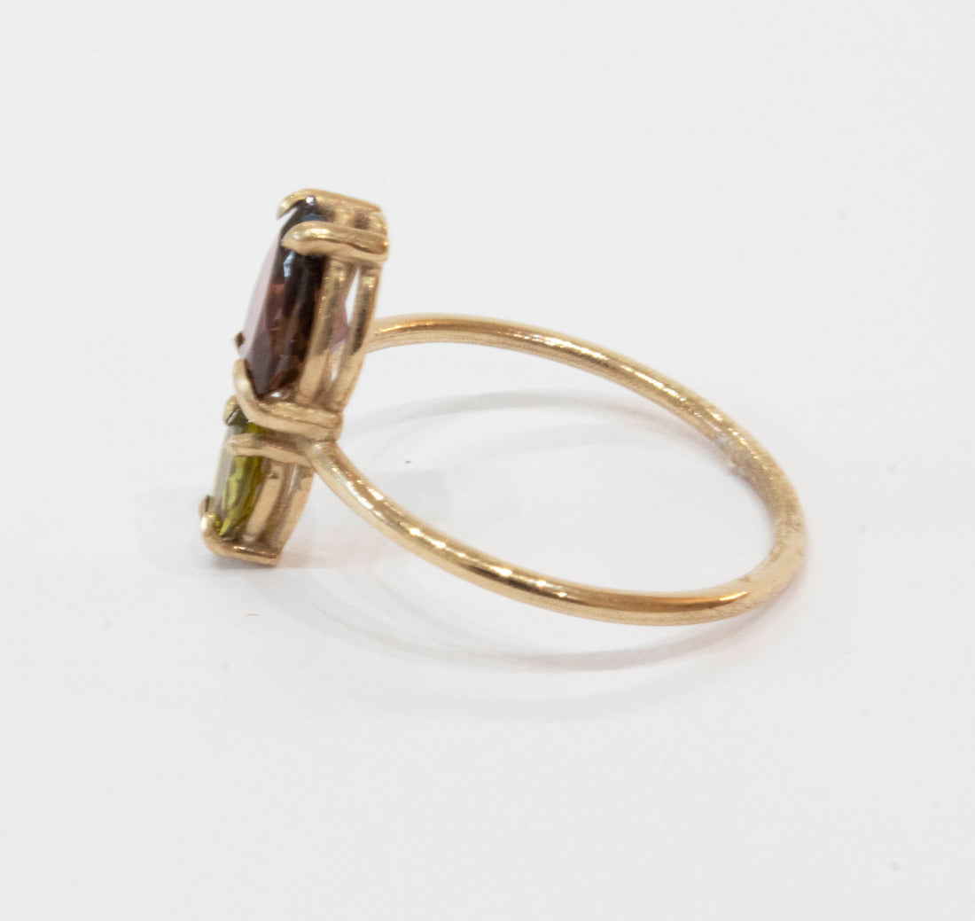 Joined Pear Green and Bordeaux Tourmalines Ring 9k Gold