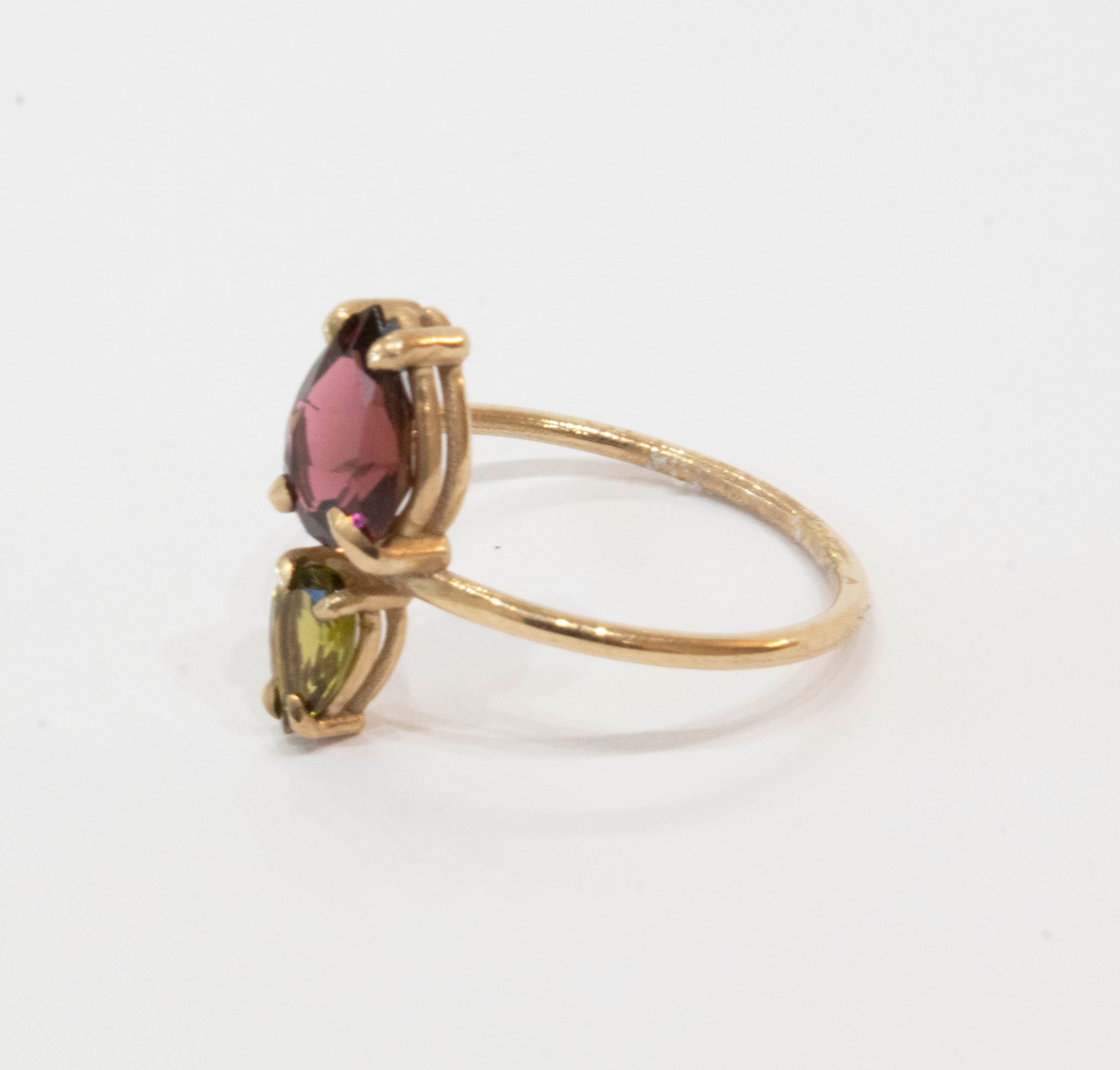 Joined Pear Green and Bordeaux Tourmalines Ring 9k Gold