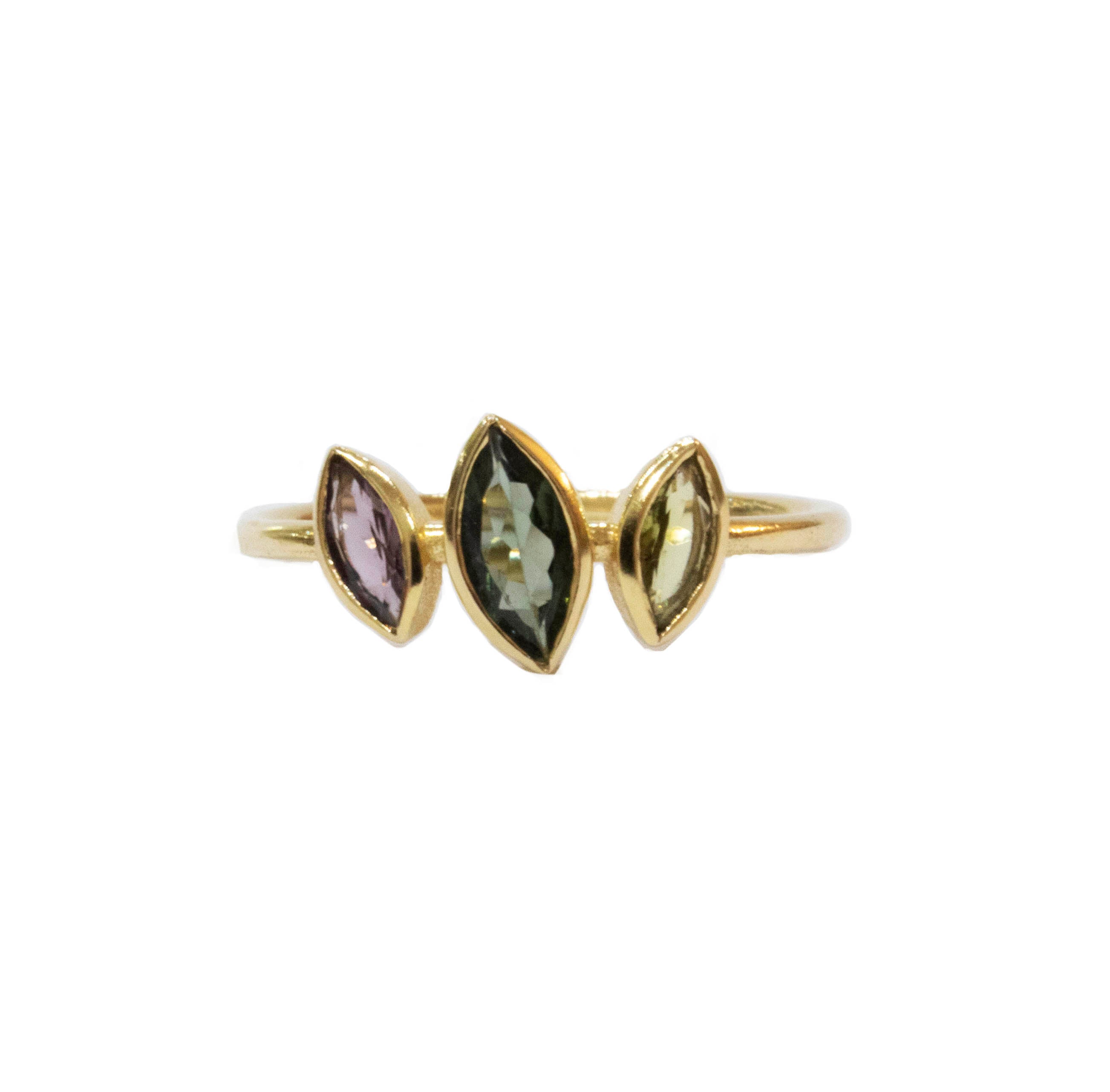 Triple Marquise Violet  Green Tourmaline Ring