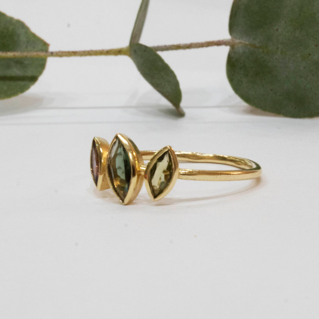 Triple Marquise Violet  Green Tourmaline Ring