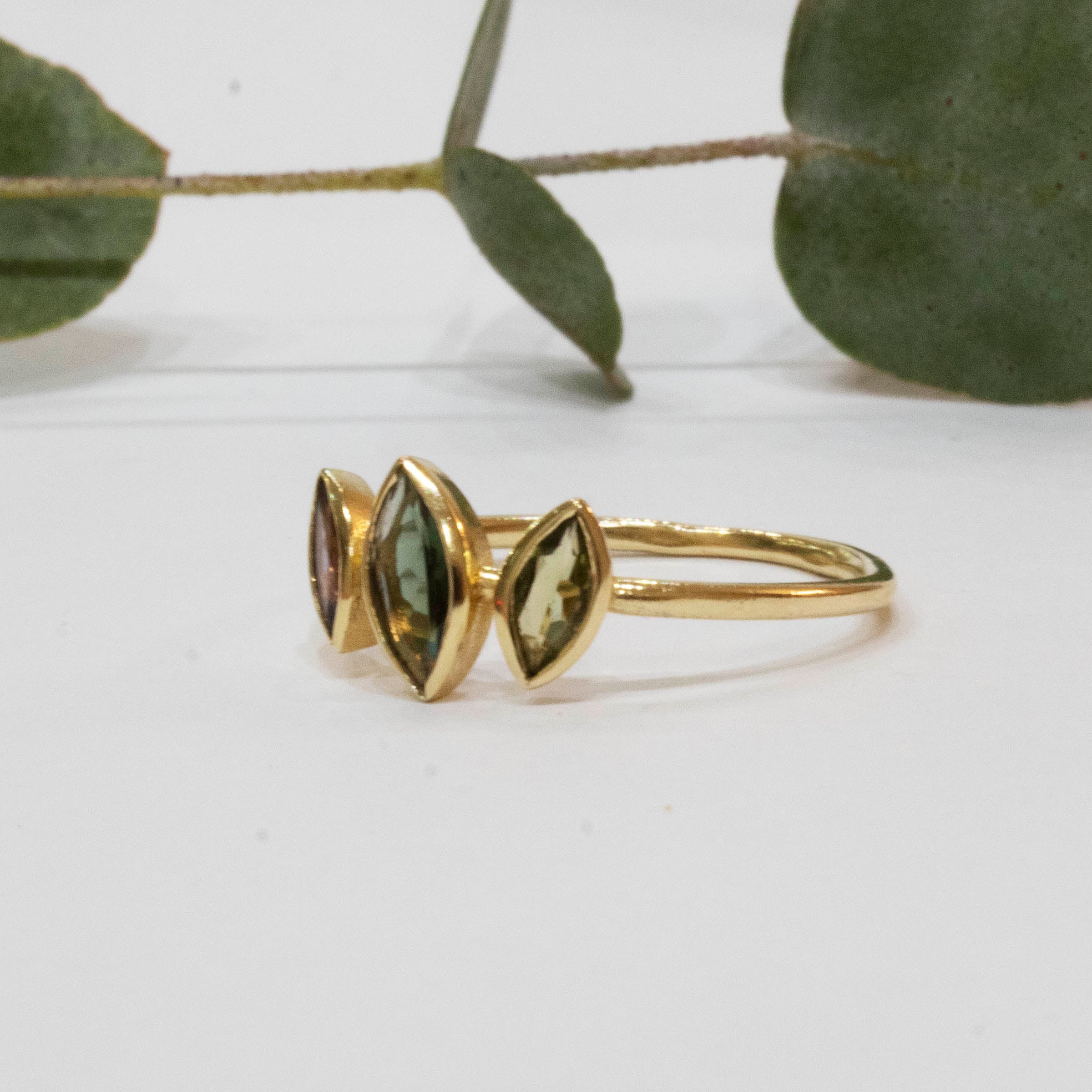 Triple Marquise Violet  Green Tourmaline Ring