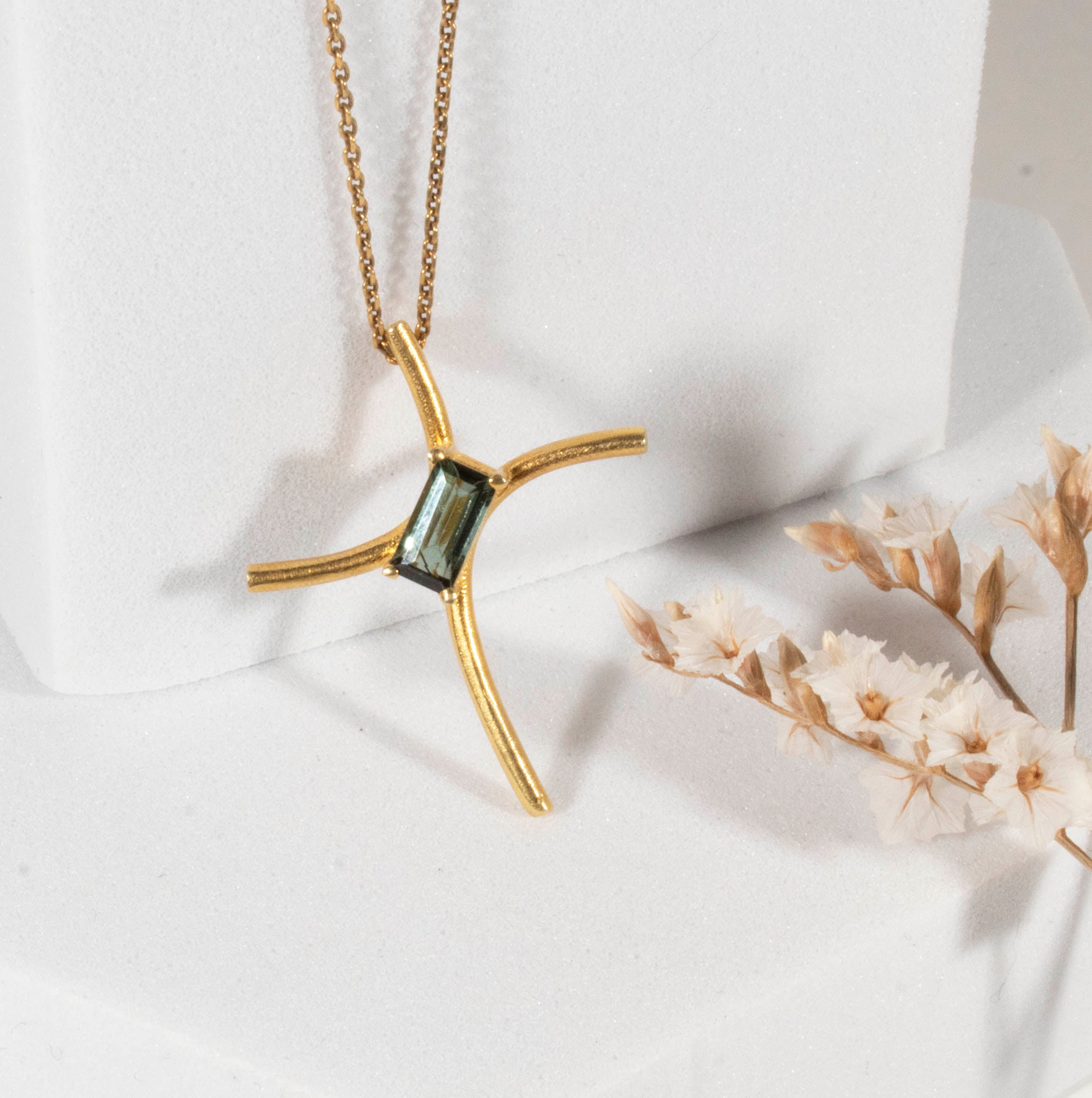 Baptism Cross Curved with  Baguette Tourmaline