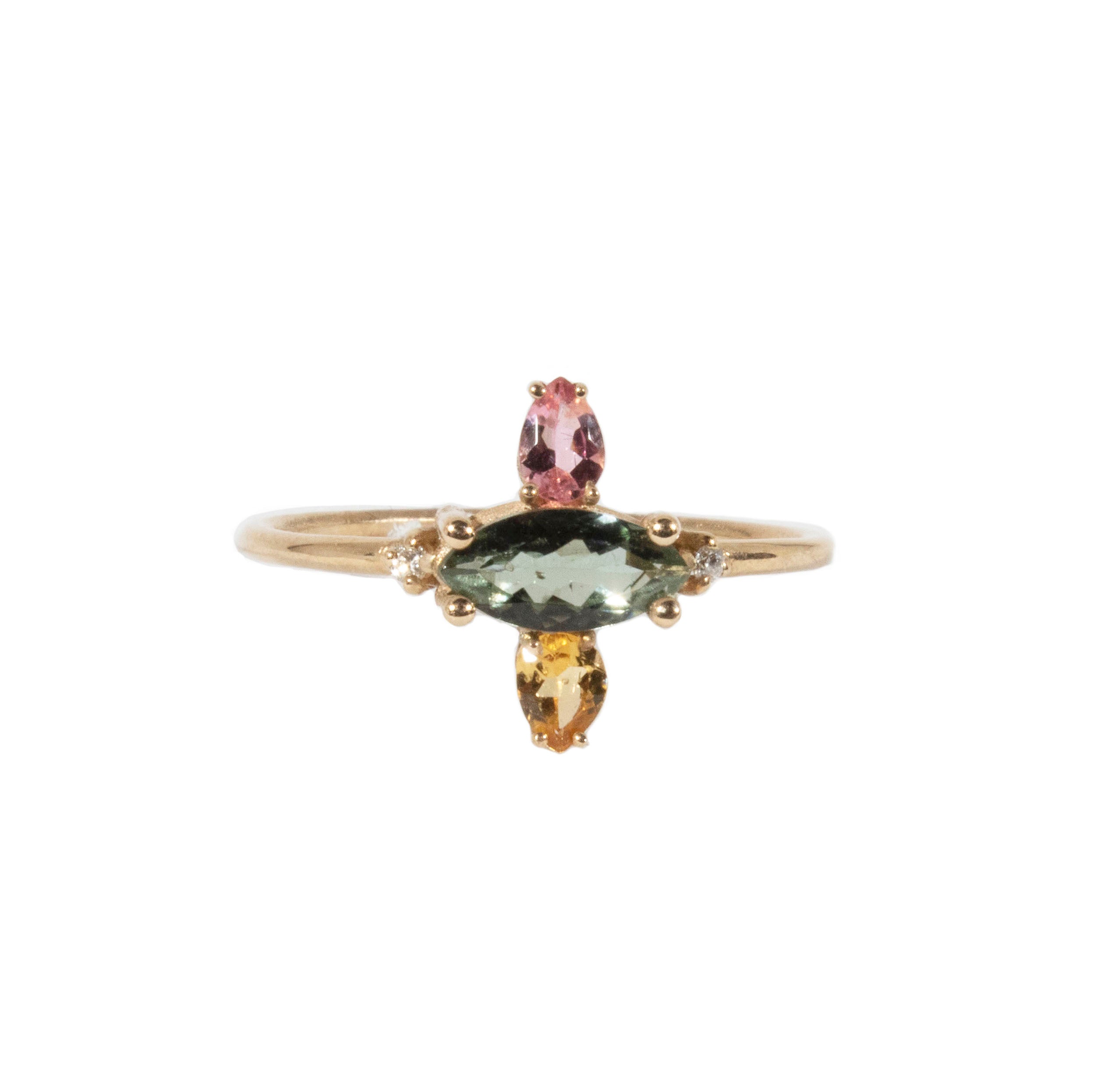 Colored Tourmalines and Diamonds Ring 9 karats Gold