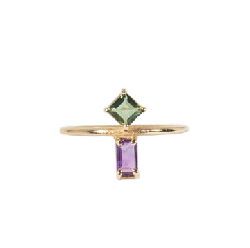 Joined Square Green and Baguette Amethyst Ring 9 karats Gold