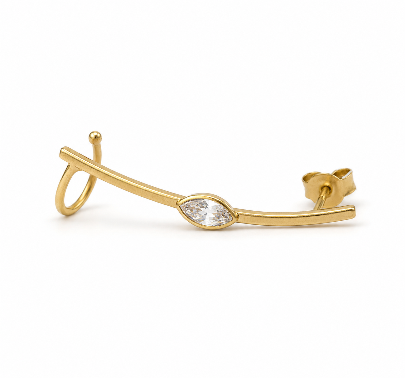 Gold earring with a zirgon on a white background